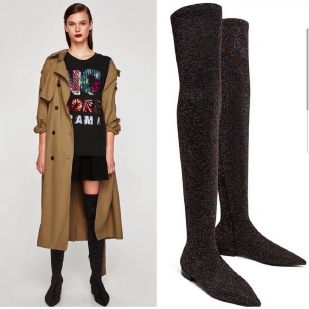 Zara FLAT MULTICOLOR Glitter Knit Pointy Toe Boots